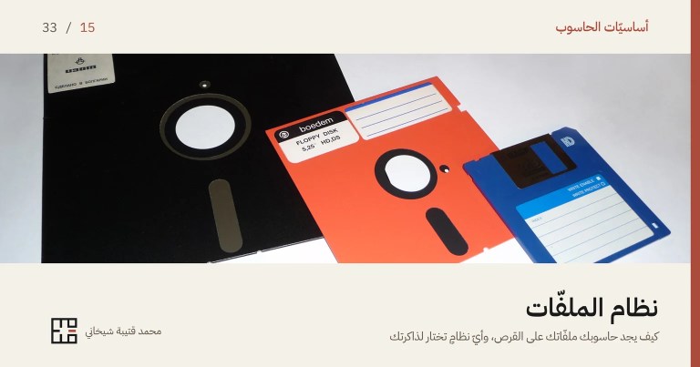 غلاف مقالة نظام الملفّات: ثلاثة أقراصٍ مرنة متدرّجة الحجم على سطحٍ أبيض، قرصٌ أسود كبير بحجم ثماني بوصات، وأمامه قرصٌ برتقاليّ بحجم خمس بوصات وربع، وقرصٌ أزرق صغير بحجم ثلاث بوصات ونصف. وفوق الصورة اسم السلسلة «أساسيّات الحاسوب» والرقم 15 من 33، وتحتها العنوان «نظام الملفّات» وسطرٌ يقول: كيف يجد حاسوبك ملفّاتك على القرص، وأيّ نظامٍ تختار لذاكرتك.