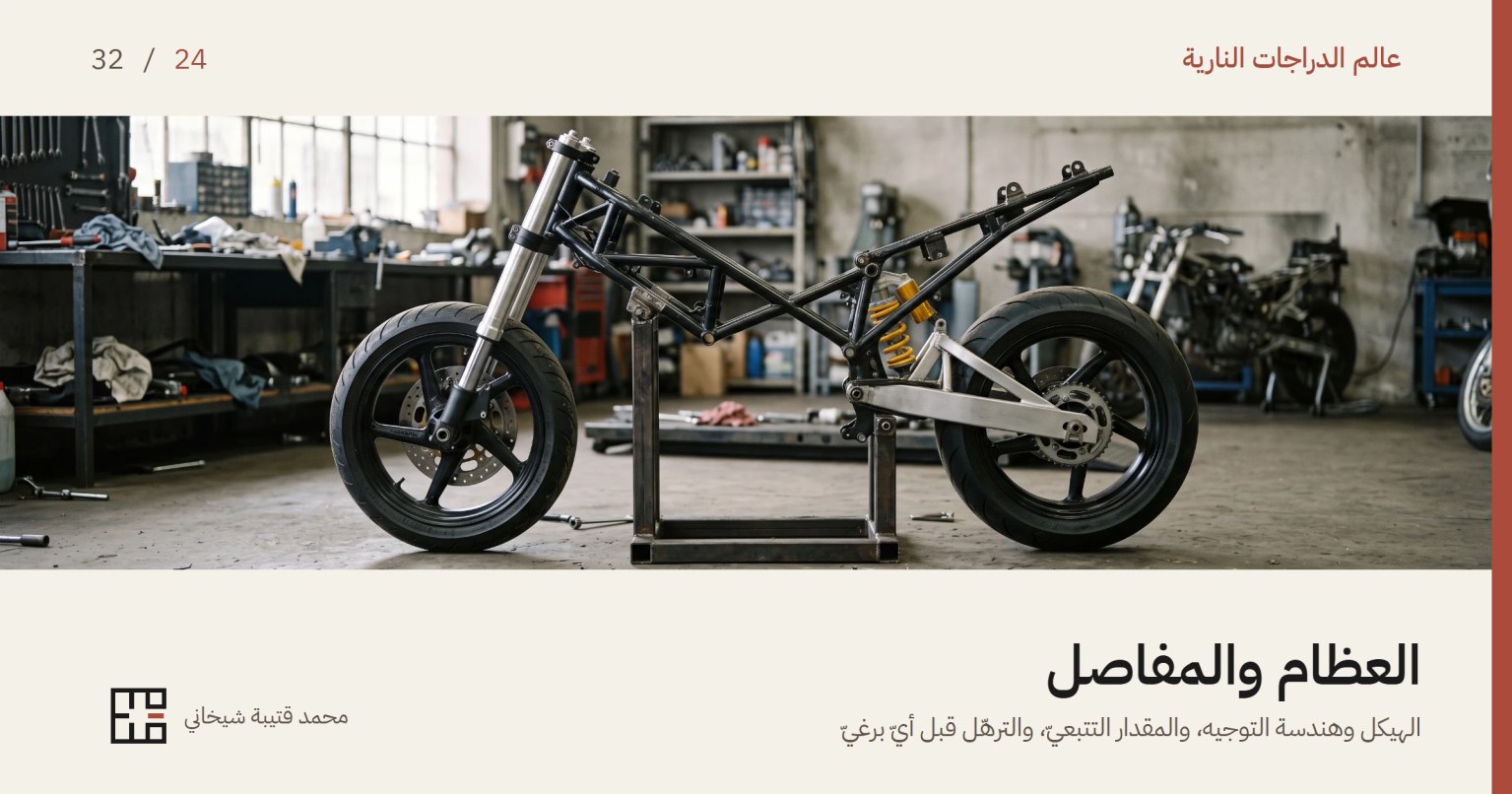 هيكل دراجة نارية عارٍ على حامل في ورشة: إطار فولاذيّ أنبوبيّ، وشوكة أمامية، وذراع تعليق من الألمنيوم، ومساعد خلفيّ واحد بنابض أصفر، وعجلتان على الأرض، بلا محرّك ولا هيكل خارجيّ.