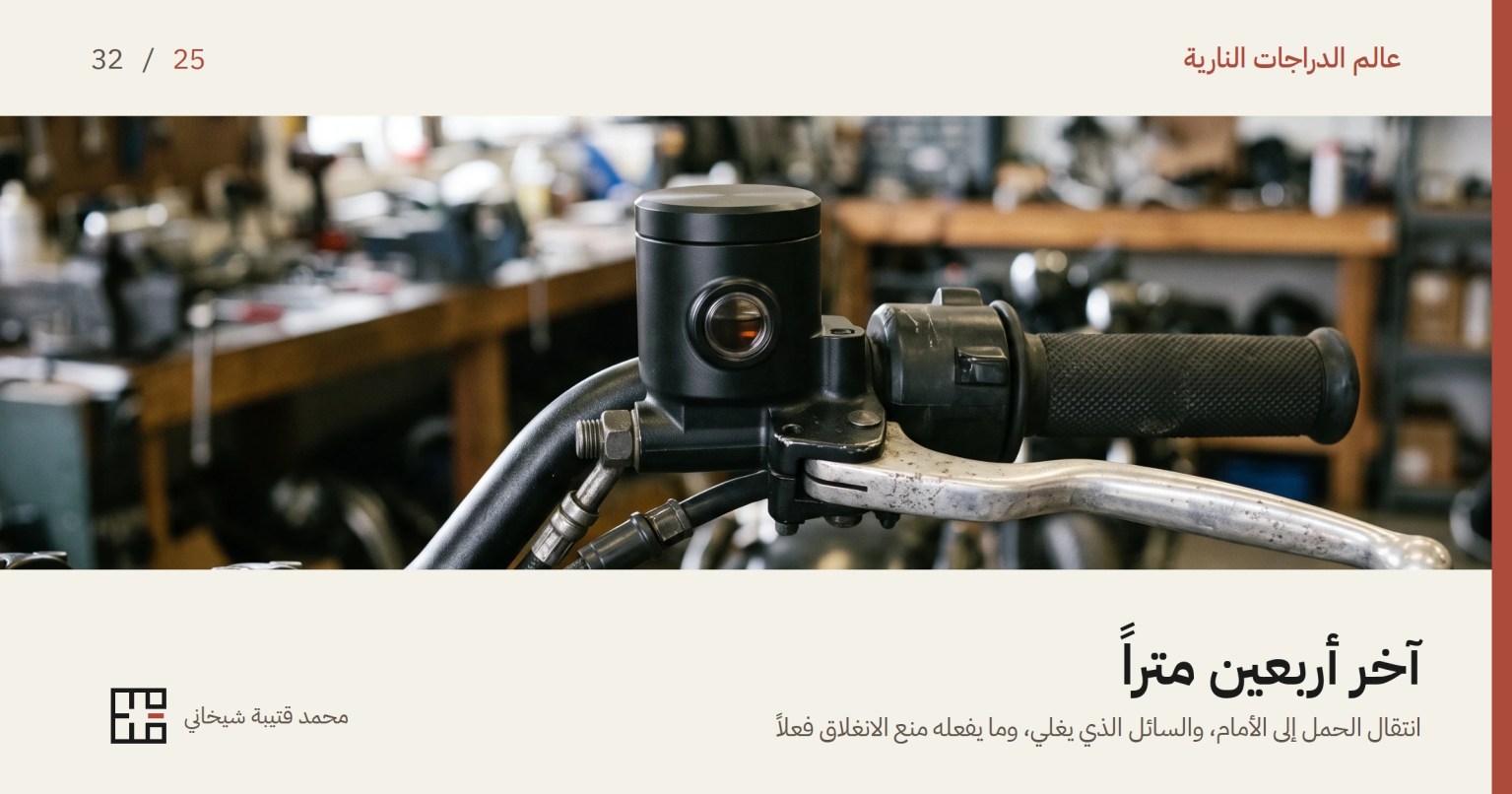 الأسطوانة الرئيسية لفرملة دراجة نارية أمامية مثبَّتة على المقود في ورشة: جسم أسود بغطاء مسطّح، وفي جانبه نافذة زجاجية صغيرة يظهر منها سائل بلون العنبر ومستواه، وإلى جانبها مجموعة المفاتيح ومقبض الفرملة المعدنيّ والقبضة المحزّزة، وخلفها منضدة عمل غير واضحة.
