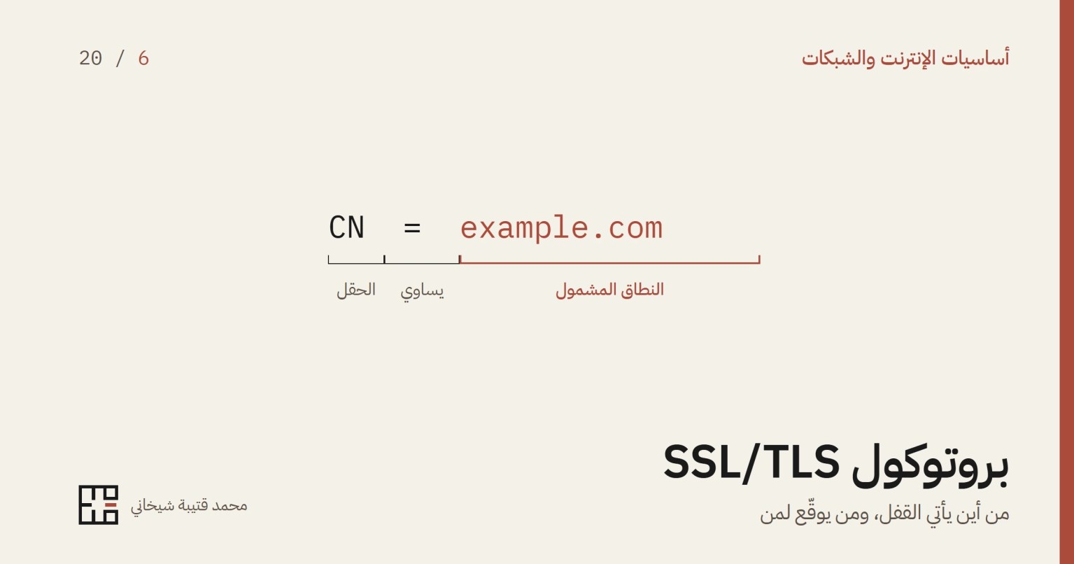 سطرٌ من شهادةٍ رقمية مكتوبٌ بحروفٍ كبيرة ومقسومٌ بأقواسٍ إلى ثلاثة حقول، وتحت كلّ حقلٍ اسمه: الحقل، ثمّ علامة يساوي، ثمّ النطاق المشمول وهو المميَّز باللون.
