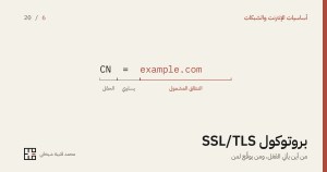 سطرٌ من شهادةٍ رقمية مكتوبٌ بحروفٍ كبيرة ومقسومٌ بأقواسٍ إلى ثلاثة حقول، وتحت كلّ حقلٍ اسمه: الحقل، ثمّ علامة يساوي، ثمّ النطاق المشمول وهو المميَّز باللون.