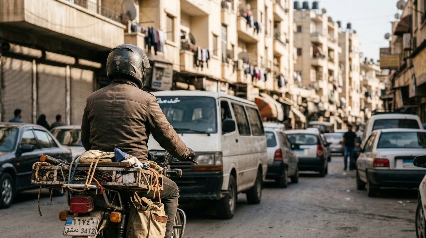 راكب دراجة نارية بخوذة كاملة مصوَّر من الخلف، وعلى دراجته رفّ خلفيّ محمّل بأكياس مربوطة بحبال، يسير في شارع سوري مزدحم بالسيارات وسيارة خدمة بيضاء، وخلفه أبنية سكنية عليها غسيل وخزانات ماء.