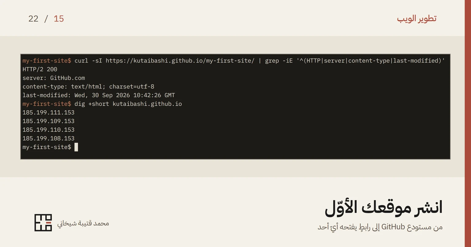 لقطة شاشة لطرفيّة داكنة فيها الأمر curl -sI على عنوان kutaibashi.github.io/my-first-site وتحته ردّ الخادم: HTTP/2 200، وserver: GitHub.com، ونوع المحتوى text/html، وتاريخ آخر تعديل 30 أيلول 2026، ثمّ الأمر dig +short kutaibashi.github.io وتحته أربعة عناوين IP تبدأ بـ185.199. وتحتها عنوان المقالة «انشر موقعك الأوّل» وسطرٌ تحته: من مستودع GitHub إلى رابطٍ يفتحه أيّ أحد.
