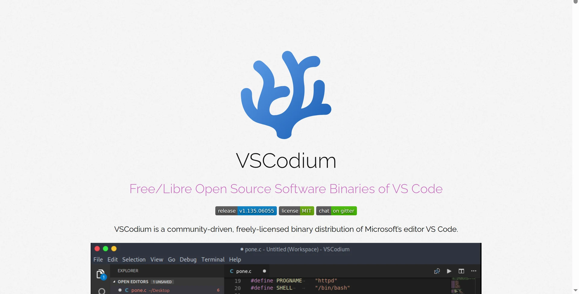 الصفحة الرئيسة لموقع VSCodium: شعارٌ أزرق على شكل مرجانة، وتحته الاسم VSCodium وعبارة Free/Libre Open Source Software Binaries of VS Code، وشاراتٌ تذكر الإصدار v1.135 والرخصة MIT، وجملةٌ تعرّفه بأنّه توزيعةٌ مجتمعيّة حرّة الرخصة لمحرّر VS Code، وتحتها لقطةٌ للمحرّر.