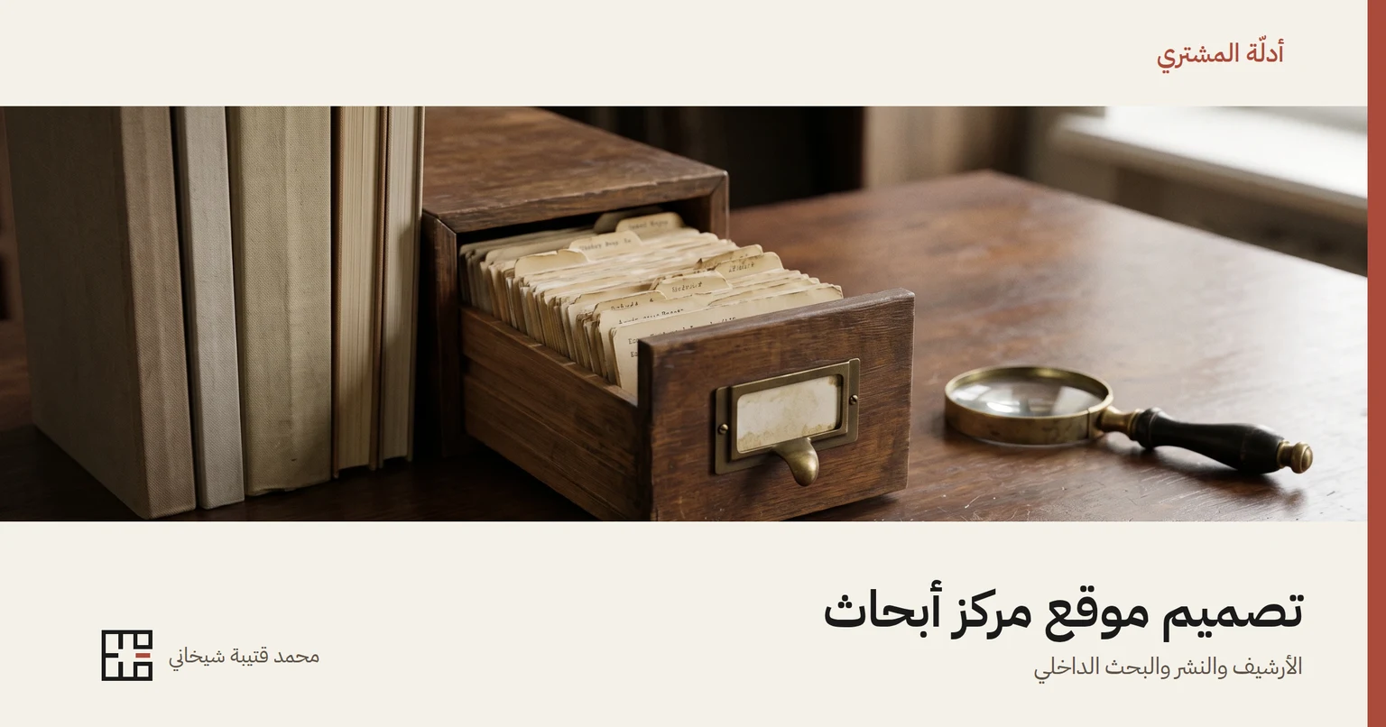 غلاف المقال: صفٌّ من التقارير المجلّدة، ودرج فهرسٍ خشبيّ مفتوح مليء ببطاقاتٍ قديمة، وعدسةٌ مكبّرة نحاسيّة، على مكتبٍ من الجوز، وتحتها عنوان «تصميم موقع مركز أبحاث» واسم محمد قتيبة شيخاني.