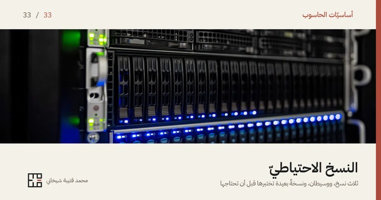 غلاف مقالة النسخ الاحتياطيّ: صورةٌ مقرّبة لخزانة خوادم تخزين، فيها صفوفٌ طويلة من أدراج الأقراص السوداء المتراصّة، وتحتها أضواءٌ زرقاء صغيرة تتوهّج في الظلام. وفوق الصورة اسم السلسلة «أساسيّات الحاسوب» والرقم 33 من 33، وتحتها العنوان «النسخ الاحتياطيّ» وسطرٌ يقول: ثلاث نسخ، ووسيطان، ونسخةٌ بعيدة تختبرها قبل أن تحتاجها.