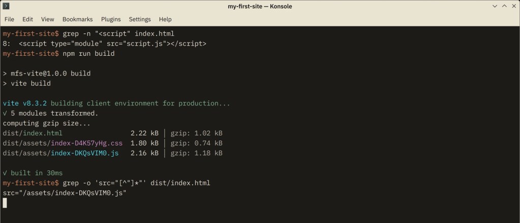 طرفيّة داكنة: grep يُظهر سطر السكربت الجديد في index.html وفيه type=module، ثمّ npm run build يكتب ثلاثة ملفّات: dist/index.html وملفّ CSS وملفّ JavaScript في assets، لكلٍّ منها حجمه وحجمه بعد الضغط، ثمّ grep في dist/index.html يُظهر أنّ مسار السكربت يبدأ بشرطة: /assets/index-DKQsVIM0.js.